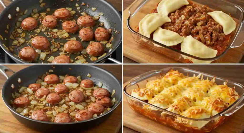 Easy Pierogi Casserole with Sausage 3 Step-by-step pierogi casserole with sausage: sausage and onions cooking, layering pierogi and cheese, and baked casserole fresh from the oven.