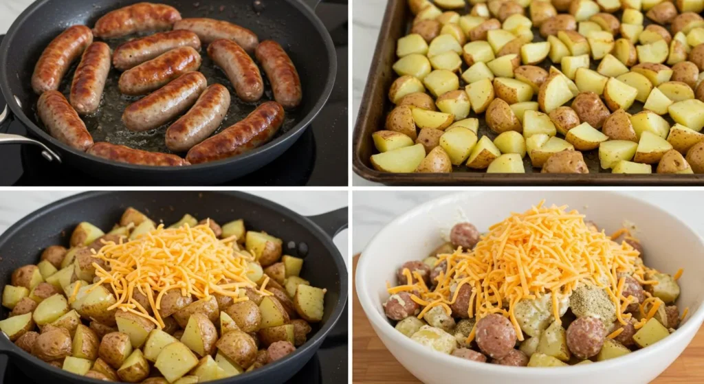 Cheesy Ranch Potatoes and Smoked Sausage 3 Step-by-step collage showing sausage browning, potatoes roasting, and mixing with cheese and ranch seasoning.