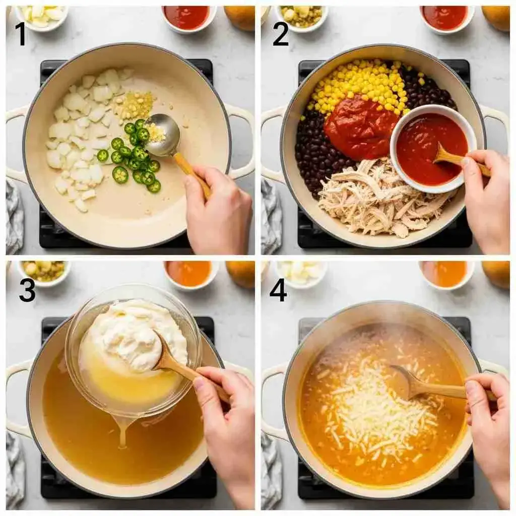 Creamy White Chicken Enchilada Soup 3 4-step collage showing how to make creamy chicken enchilada soup from sautéing veggies to simmering creamy soup.