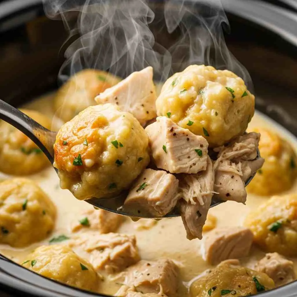 Crock Pot Chicken and Dumplings Recipe 4 Spoonful of crockpot chicken and dumplings showing tender chicken and creamy sauce.