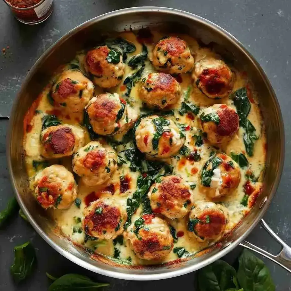 Creamy spinach and chicken meatballs dish