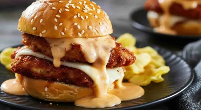Bang Bang Chicken Sliders Recipe 6 Bang Bang Chicken Sliders served with fries and dipping sauce.