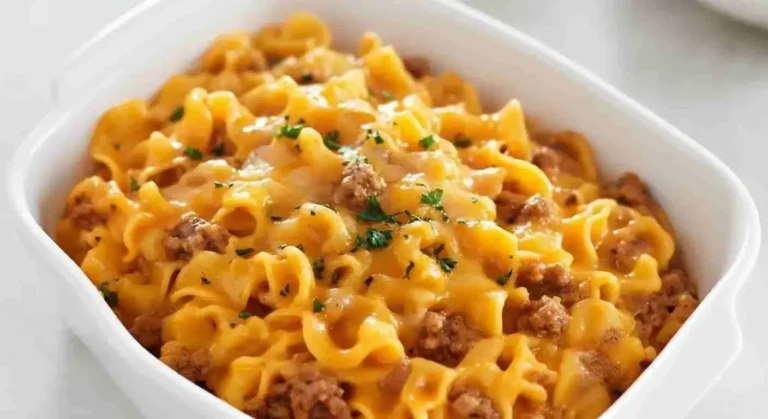 Cheesy Beef and Noodle Casserole with Crispy French Onions 9 Cheesy beef and noodle casserole topped with crispy French fried onions.