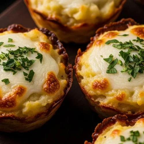 Cheesy Mashed Potato Puff Bites Recipe 4 Cheesy mashed potato puff bites baked in a muffin tin.