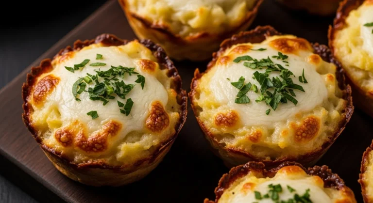 Cheesy Mashed Potato Puff Bites Recipe 5 Cheesy mashed potato puff bites baked in a muffin tin.