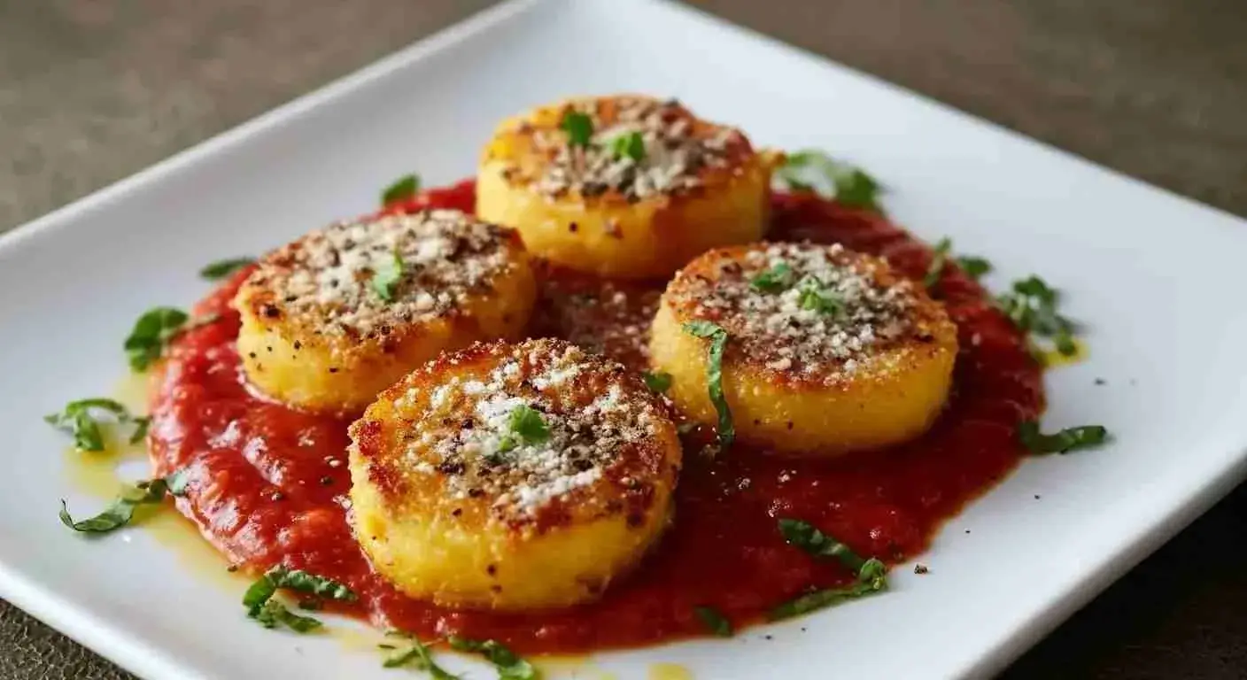 Crispy Fried Polenta with Marinara Sauce 1 Crispy fried polenta served with marinara sauce.