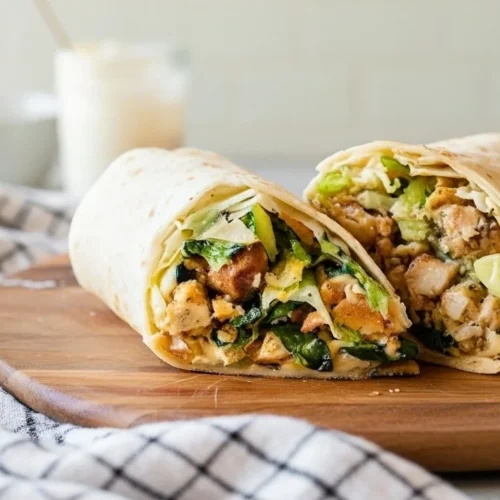 Easy Crispy Chicken Nugget Wraps 4 Crispy chicken nugget wrap sliced in half on plate with ranch drizzle.