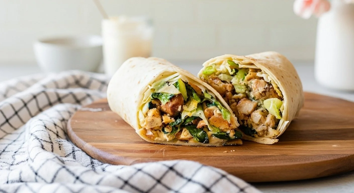 Easy Crispy Chicken Nugget Wraps 1 Crispy chicken nugget wrap sliced in half on plate with ranch drizzle.