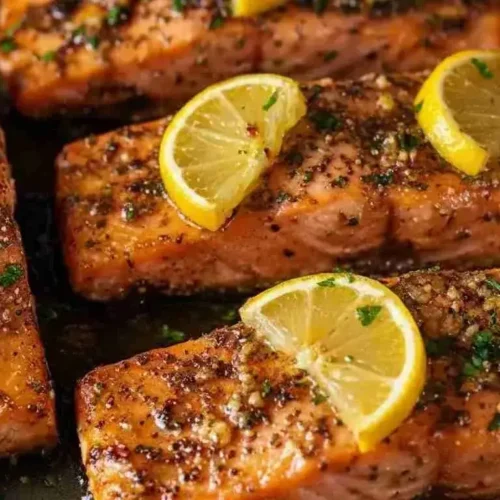 Honey Garlic Butter Salmon Recipe 3 Crispy honey garlic butter salmon fillets in skillet with lemon wedges.