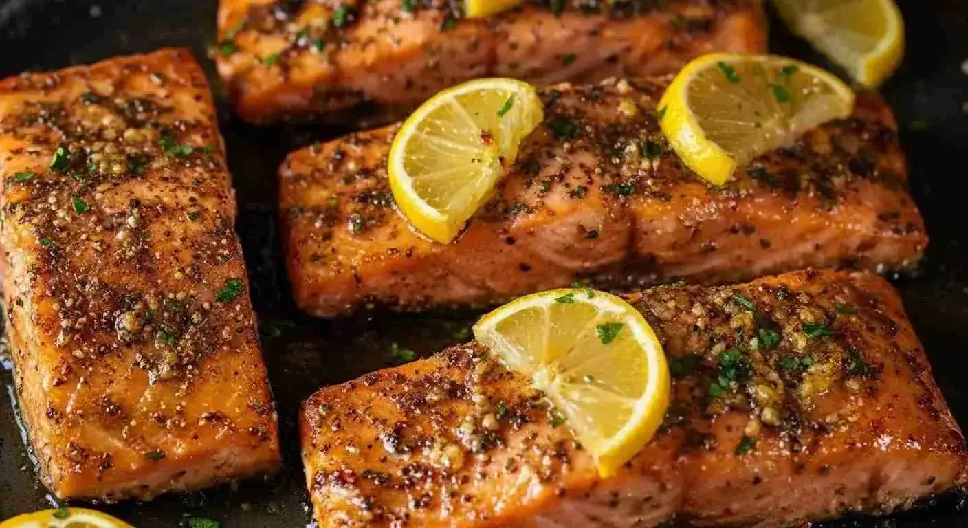 Honey Garlic Butter Salmon Recipe 1 Crispy honey garlic butter salmon fillets in skillet with lemon wedges.