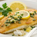 Crispy pan-fried tilapia fillet drizzled with garlic lemon butter sauce and garnished with parsley and lemon slices.