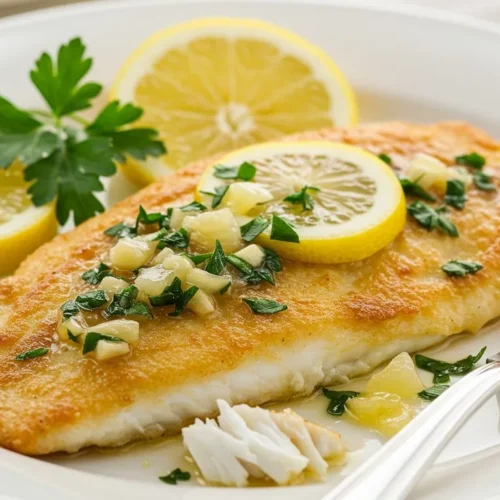 Crispy Pan Fried Tilapia with Garlic Lemon Butter Sauce 4 Crispy pan-fried tilapia fillet drizzled with garlic lemon butter sauce and garnished with parsley and lemon slices.