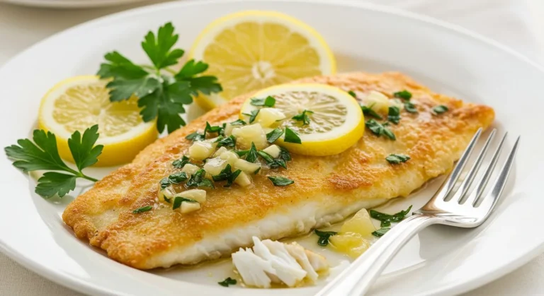 Crispy Pan Fried Tilapia with Garlic Lemon Butter Sauce 7 Crispy pan-fried tilapia fillet drizzled with garlic lemon butter sauce and garnished with parsley and lemon slices.
