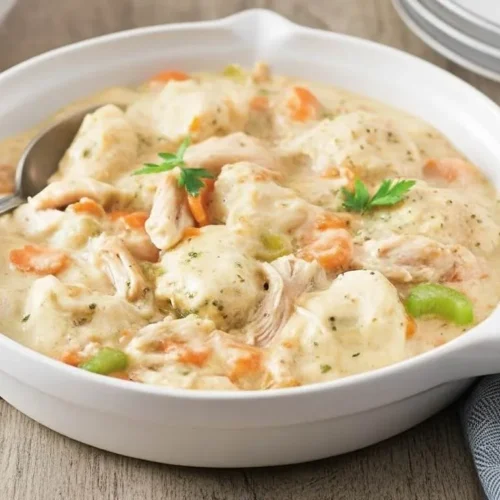 Crock Pot Chicken and Dumplings Recipe 5 Creamy Crock Pot Chicken and Dumplings in a bowl tender chicken, fluffy biscuit dumplings, and vegetables in a rich broth.