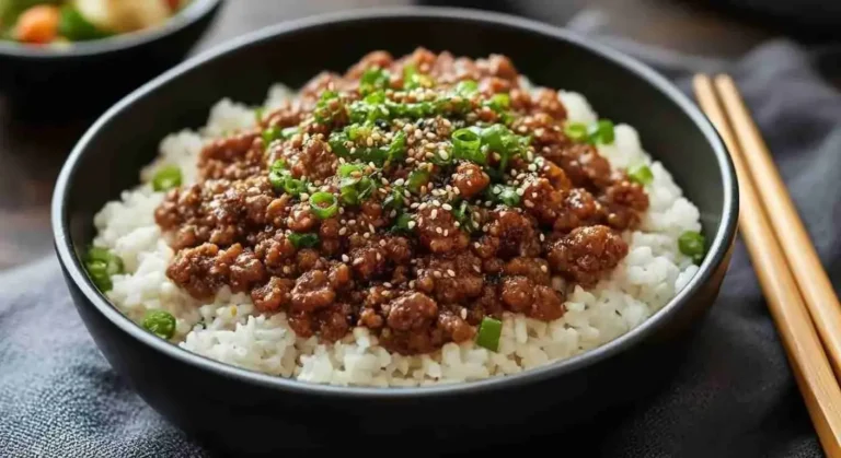 Delicious Korean Ground Beef Bowl 4 Delicious Korean ground beef bowl with rice and sesame seeds.