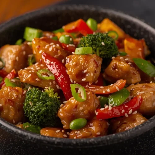 Easy Chicken and Veggie Stir Fry Recipe 5 Colorful chicken and vegetable stir fry in a wok with broccoli, peppers, and carrots in a glossy sauce.
