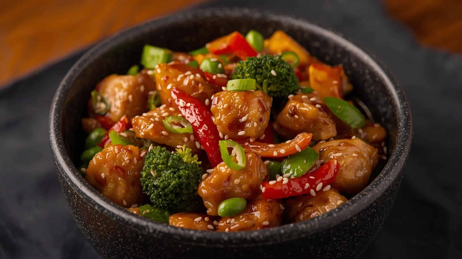 Easy Chicken and Veggie Stir Fry Recipe 1 Colorful chicken and vegetable stir fry in a wok with broccoli, peppers, and carrots in a glossy sauce.