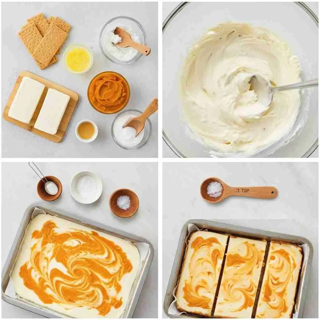 Easy Pumpkin Spice Cheesecake Bars Recipe 3 Steps showing crust, filling, swirl, and baked bars