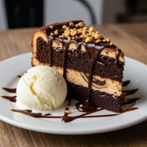 Peanut Butter Earthquake Cake 5 Peanut Butter Earthquake Cake slice served with vanilla ice cream..