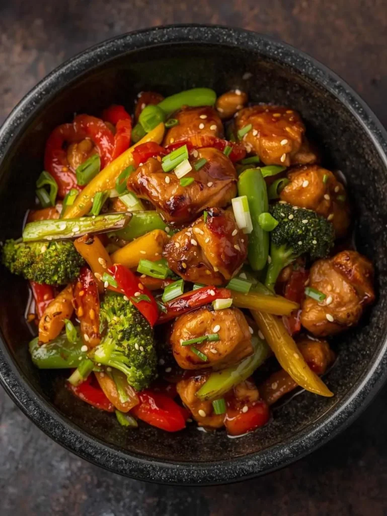 Easy Chicken and Veggie Stir Fry Recipe 4 Chicken and veggie stir fry served with rice, topped with sesame seeds and green onions.