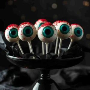 Monster Eyeball Cake Pops Recipe 5 Finished Monster Eyeball Cake Pops decorated with candy eyes and red frosting veins.