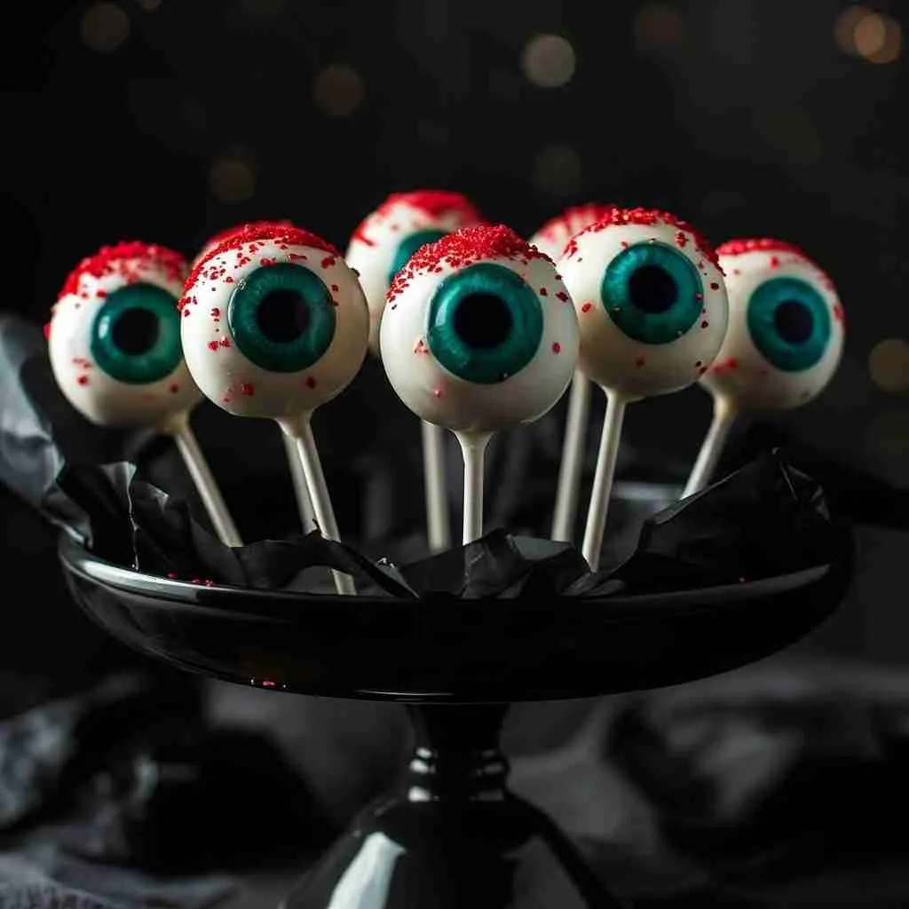 Monster Eyeball Cake Pops Recipe 4 Finished Monster Eyeball Cake Pops decorated with candy eyes and red frosting veins.