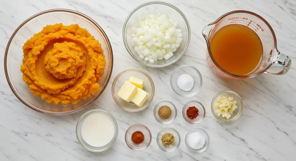 Easy Pumpkin Soup Recipe 2 Fresh ingredients for pumpkin soup including pumpkin cubes, onion, garlic, broth, and cream.