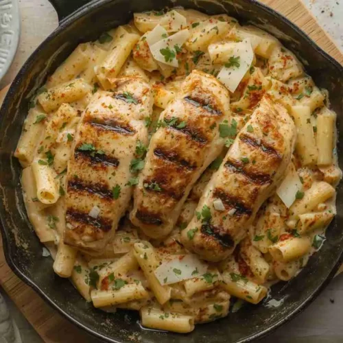 Healthy Garlic Parmesan Chicken Pasta Recipe 4 Bowl of creamy garlic Parmesan chicken pasta topped with parsley.
