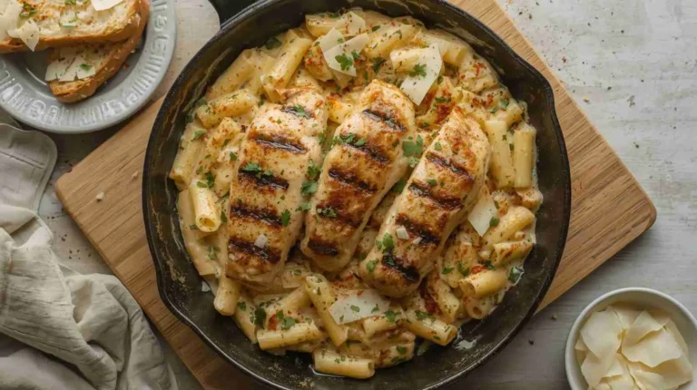 Healthy Garlic Parmesan Chicken Pasta Recipe 7 Bowl of creamy garlic Parmesan chicken pasta topped with parsley.
