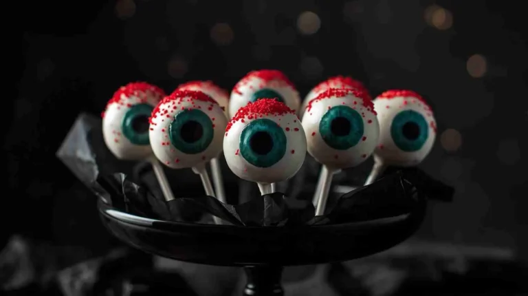 Monster Eyeball Cake Pops Recipe 5 Halloween Monster Eyeball Cake Pops with candy eyes and red veins.