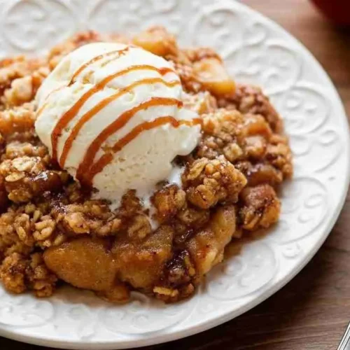 Easy Homemade Apple Crisp Recipe 4 Homemade apple crisp with golden oat topping served with ice cream.
