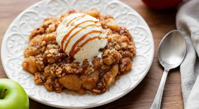 Easy Homemade Apple Crisp Recipe 5 Homemade apple crisp with golden oat topping served with ice cream.
