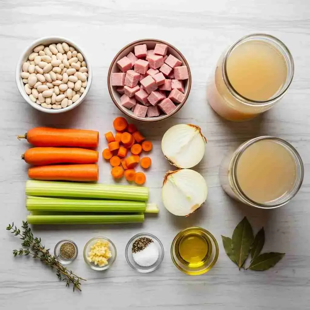 White beans, diced ham, vegetables, and broth ingredients arranged on countertop.
