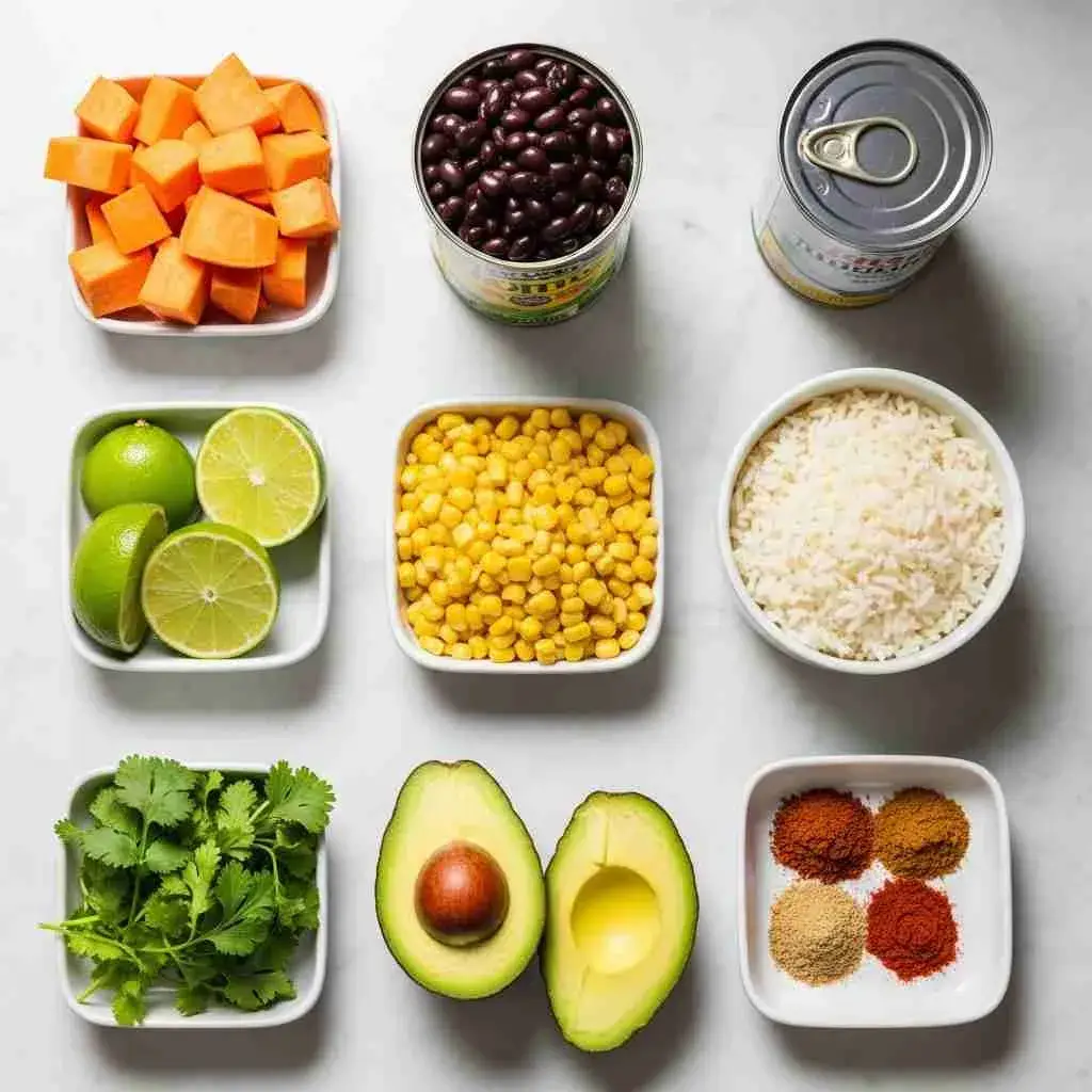 Sweet Potato Taco Bowl Recipe 2 Sweet potatoes, black beans, corn, rice, avocado, and spices arranged on countertop.