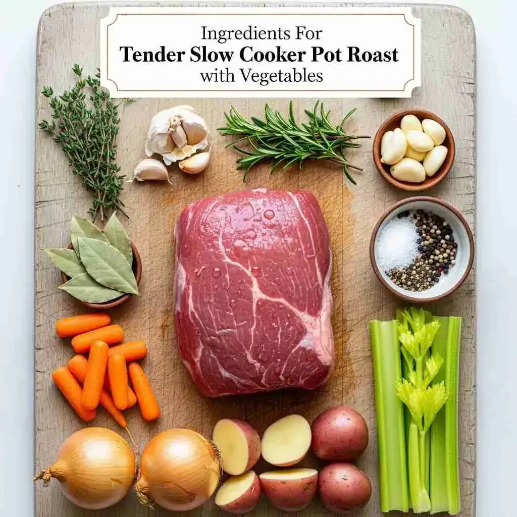 Tender Slow Cooker Pot Roast with Vegetables 2 Chuck roast, carrots, potatoes, onions, beef broth, and herbs arranged neatly on a wooden countertop.