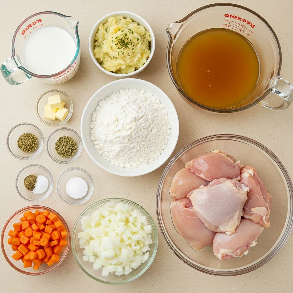 Crock Pot Chicken and Dumplings Recipe 2 Ingredients for Crock Pot Chicken and Dumplings — chicken, veggies, cream of chicken soup, biscuits, and spices on a rustic table.