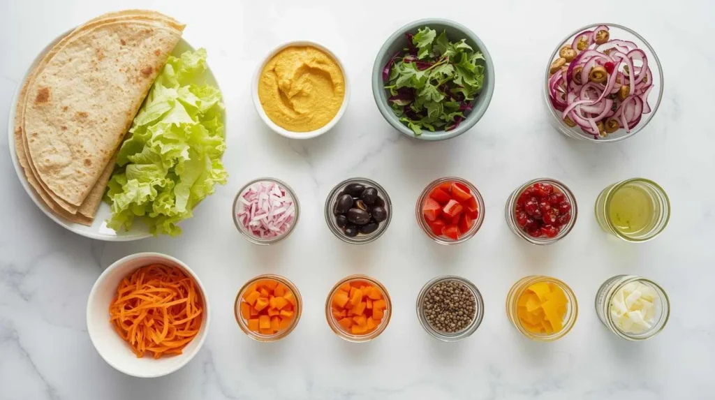 15 Minutes Mediterranean Veggie Wraps Recipe 2 Ingredients for Mediterranean veggie wraps — hummus, cucumber, tomato, feta, spinach, and olives.