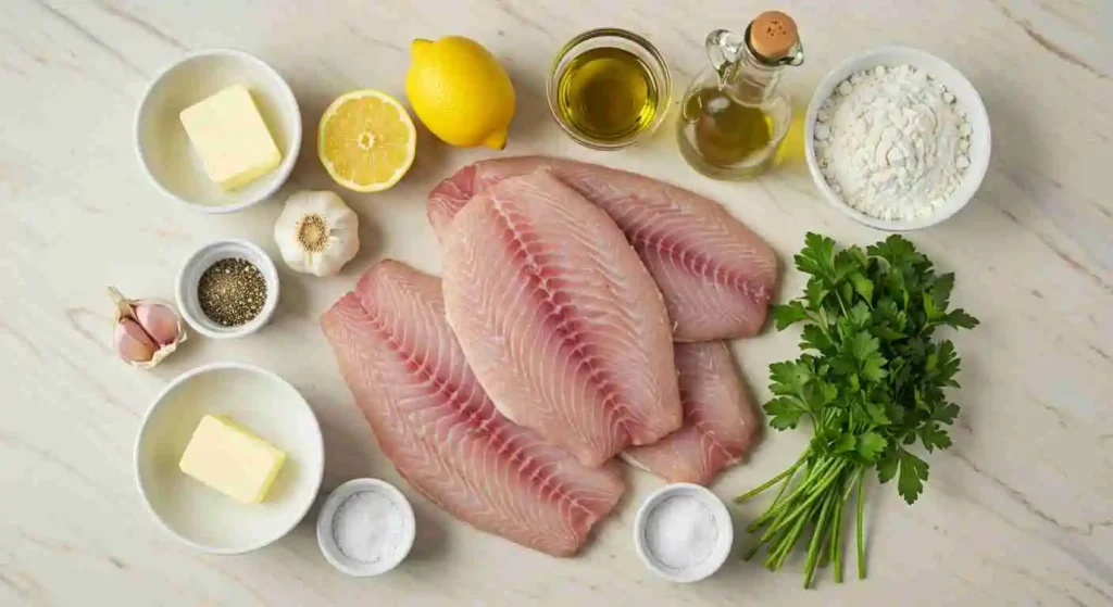 Crispy Pan Fried Tilapia with Garlic Lemon Butter Sauce 2 Ingredients for crispy pan-fried tilapia with garlic lemon butter sauce arranged on a marble surface.