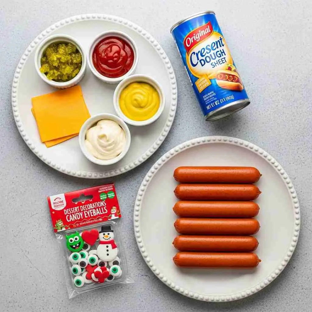 Mummy Hot Dogs Recipe (Halloween Snack Idea) 2 Ingredients for mummy hot dogs on a wooden cutting board.