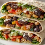 Mediterranean veggie wrap cut in half with hummus, feta, and fresh vegetables.