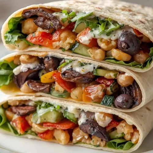 15 Minutes Mediterranean Veggie Wraps Recipe 4 Mediterranean veggie wrap cut in half with hummus, feta, and fresh vegetables.