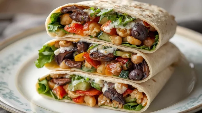 15 Minutes Mediterranean Veggie Wraps Recipe 5 Mediterranean veggie wrap cut in half with hummus, feta, and fresh vegetables.