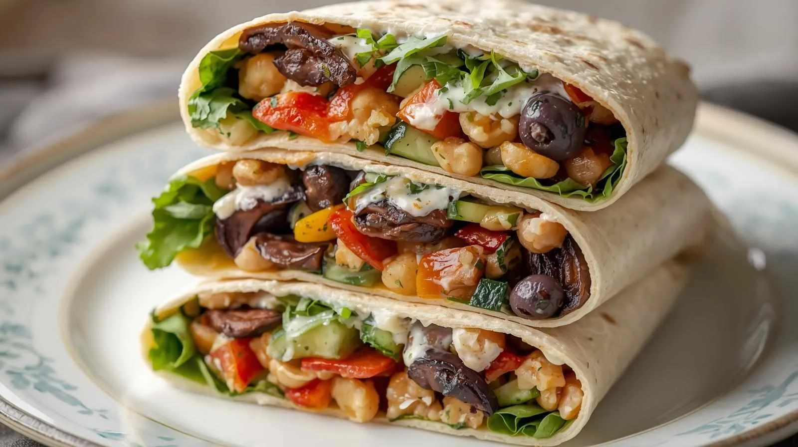 15 Minutes Mediterranean Veggie Wraps Recipe 1 Mediterranean veggie wrap cut in half with hummus, feta, and fresh vegetables.