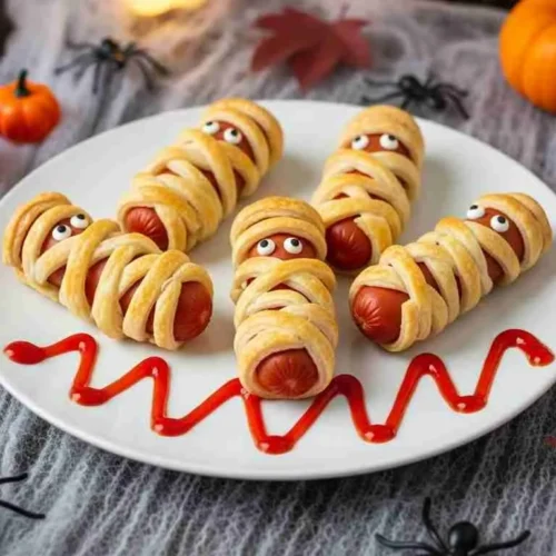 Mummy Hot Dogs Recipe (Halloween Snack Idea) 4 Mummy hot dogs with candy eyes served on Halloween-themed plate.