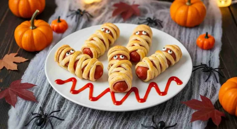 Mummy Hot Dogs Recipe (Halloween Snack Idea) 9 Mummy hot dogs with candy eyes served on Halloween-themed plate.