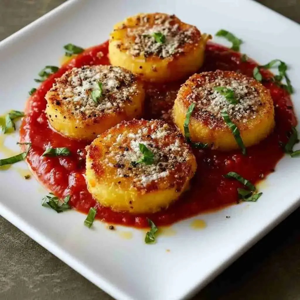 Golden fried polenta dipped in marinara sauce.