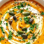 Creamy pumpkin soup in a bowl topped with cream swirl, pumpkin seeds, and parsley.