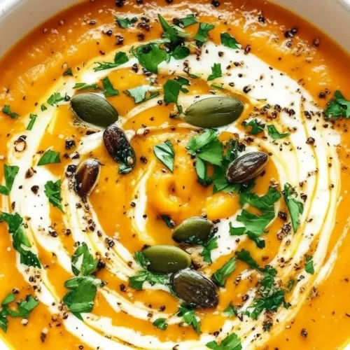 Easy Pumpkin Soup Recipe 4 Creamy pumpkin soup in a bowl topped with cream swirl, pumpkin seeds, and parsley.