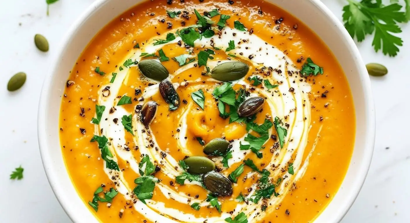 Easy Pumpkin Soup Recipe 1 Creamy pumpkin soup in a bowl topped with cream swirl, pumpkin seeds, and parsley.
