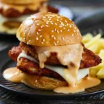 Bang Bang Chicken Sliders served with fries and dipping sauce.